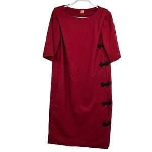 Vintage 1960s Handmade Couture Wool Dress Crimson Red w/ Black Frog Closures